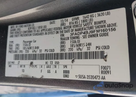 2015 Ford Fiesta Se из США, поврежденный, VIN 3FADP4BJ9FM160156